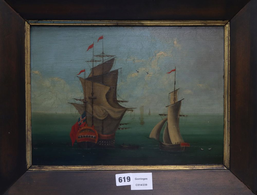 19th century English School, oil on wooden panel, Naive view of shipping at sea, 26 x 36cm